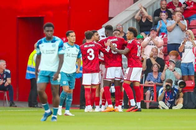Nottingham Forest v Bayer Leverkusen, Pre-Season Friendly Dan Ndoye Of Nottingham Forest scores a GOAL 1-0 and celebrates during the Nottingham Forest v Bayer Leverkusen Pre-Season Friendly match at the City Ground, West Bridgford, England on 12 August 2026 Credit: Lee Keuneke Every Second Media Editorial use only. All images are copyright Every Second Media Limited. No images may be reproduced without prior permission. Copyright: xIMAGO EveryxSecondxMediax ESM-2087-0018 LeexKeunekex xEveryxSecondxMediax