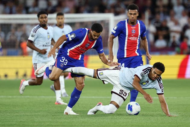 Warren Zaire Emery of PSG and George Hemmings of Aston Villa during the 2026 Super Cup Final football match between Paris Saint Germain and Aston Villa at Salzburg stadium in Salzburg (Austria), August 12th, 2026. CesarexPurini
