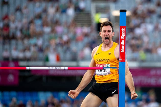 12.08.2026, GBR, Leichtathletik, Europameisterschaft 2026, Morgensession Tag 3, Birmingham Niklas Kaul ( Deutschland ) jubelt über einen Sprung, Zehnkampf Herren, Hochsprung Birmingham Alexander Stadium England Großbritannien *** August 12, 2026, GBR, Track and Field, 2026 European Championships, Morning Session, Day 3, Birmingham; Niklas Kaul of Germany celebrates a jump, Men s Decathlon, High Jump, Birmingham Alexander Stadium, England, Great Britain Copyright: xNordphoto Memmlerx