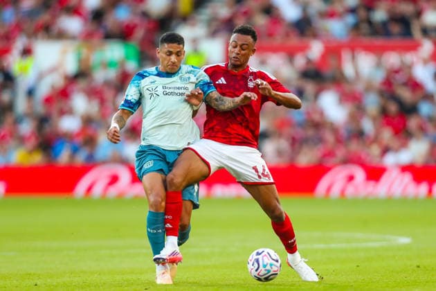 Nottingham Forest v Bayer Leverkusen, Pre-Season Friendly Dan Ndoye Of Nottingham Forest in action against Ezequiel Fernandez Of Bayer Leverkusen during the Nottingham Forest v Bayer Leverkusen Pre-Season Friendly match at the City Ground, West Bridgford, England on 12 August 2026 Credit: Lee Keuneke Every Second Media Editorial use only. All images are copyright Every Second Media Limited. No images may be reproduced without prior permission. Copyright: xIMAGO EveryxSecondxMediax ESM-2087-0027 LeexKeunekex xEveryxSecondxMediax
