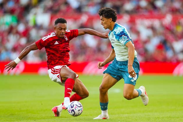 Nottingham Forest v Bayer Leverkusen, Pre-Season Friendly Dan Ndoye Of Nottingham Forest Slide Tackles Ibrahim Maza Of Bayer Leverkusen during the Nottingham Forest v Bayer Leverkusen Pre-Season Friendly match at the City Ground, West Bridgford, England on 12 August 2026 Credit: Lee Keuneke Every Second Media Editorial use only. All images are copyright Every Second Media Limited. No images may be reproduced without prior permission. Copyright: xIMAGO EveryxSecondxMediax ESM-2087-0028 LeexKeunekex xEveryxSecondxMediax