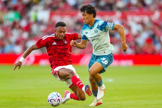 Nottingham Forest v Bayer Leverkusen, Pre-Season Friendly Dan Ndoye Of Nottingham Forest Slide Tackles Ibrahim Maza Of Bayer Leverkusen during the Nottingham Forest v Bayer Leverkusen Pre-Season Friendly match at the City Ground, West Bridgford, England on 12 August 2026 Credit: Lee Keuneke Every Second Media Editorial use only. All images are copyright Every Second Media Limited. No images may be reproduced without prior permission. Copyright: xIMAGO EveryxSecondxMediax ESM-2087-0029 LeexKeunekex xEveryxSecondxMediax