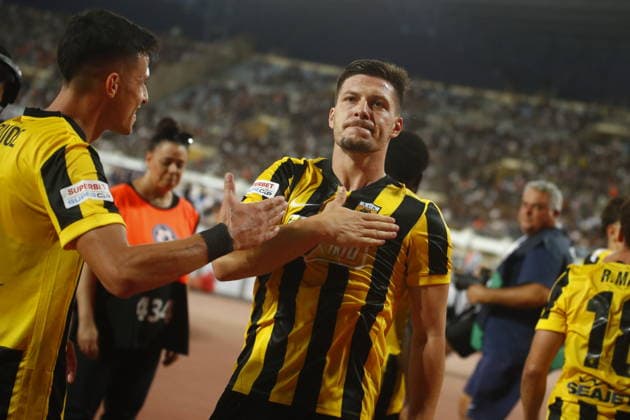SuperCup, AEK Athens vs OFI Creta - Luka Jovic of AEK Athens celebrates during the Supercup Greece match between AEK Athens vs OFI Creta held at at Pankritio Stadium in Heraklion, Greece, 12 Augustl 2026. IMAGO ONE INCH PRODUCTIONS Heraklion Greece Copyright: xOnexInchxProductionsx 7056591