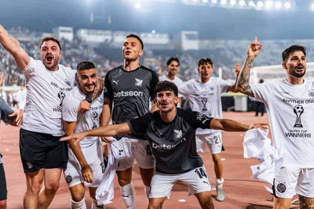 Superbet Supercup Greece, AEK Athen vs. OFI Kreta am 12.08.2026 im Pankritio Stadion in Heraklion Jubel über den Supercup Sieg *** Superbet Super Cup Greece: AEK Athens vs. OFI Crete on August 12, 2026, at Pankritio Stadium in Heraklion—Celebrations following the Super Cup victory Copyright: xBahhoxKarax