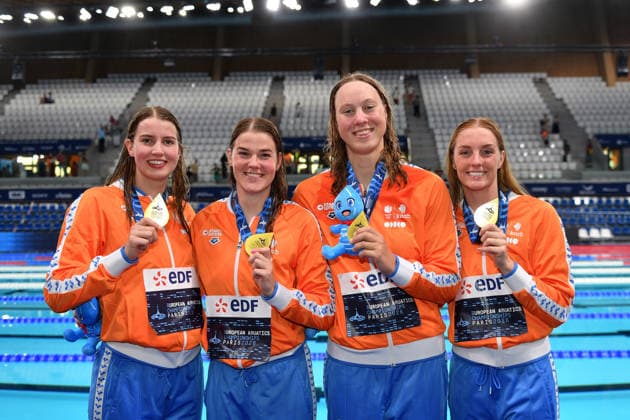 2026-08-12 2026 European Aquatics Championships PARIS, FRANCE - AUGUST 12: Milou van Wijk of the Netherlands, Imani de Jong of the Netherlands, Yara van Kalmthout of the Netherlands, Marrit Steenbergen of the Netherlands during 2026 European Aquatics Championships on August 12, 2026 in Paris, France. (Photo by Nikola Krstic BSR Agency) Paris France Content not available for redistribution in The Netherlands directly or indirectly through any third parties. Copyright: xBSRxAgencyx