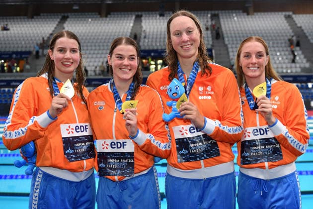 2026-08-12 2026 European Aquatics Championships PARIS, FRANCE - AUGUST 12: Milou van Wijk of the Netherlands, Imani de Jong of the Netherlands, Yara van Kalmthout of the Netherlands, Marrit Steenbergen of the Netherlands during 2026 European Aquatics Championships on August 12, 2026 in Paris, France. (Photo by Nikola Krstic BSR Agency) Paris France Content not available for redistribution in The Netherlands directly or indirectly through any third parties. Copyright: xBSRxAgencyx