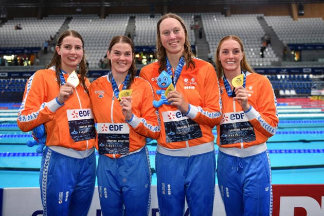 2026-08-12 2026 European Aquatics Championships PARIS, FRANCE - AUGUST 12: Milou van Wijk of the Netherlands, Imani de Jong of the Netherlands, Yara van Kalmthout of the Netherlands, Marrit Steenbergen of the Netherlands during 2026 European Aquatics Championships on August 12, 2026 in Paris, France. (Photo by Nikola Krstic BSR Agency) Paris France Content not available for redistribution in The Netherlands directly or indirectly through any third parties. Copyright: xBSRxAgencyx