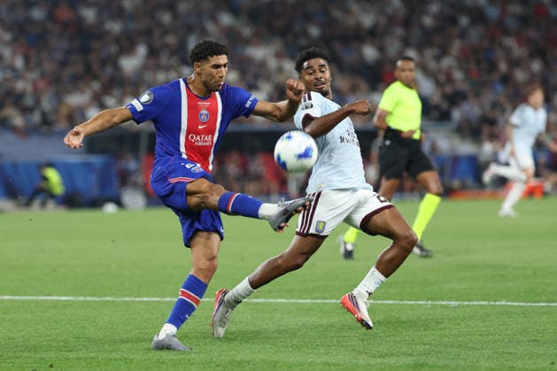 Paris Saint-Germain v Aston Villa FC - UEFA Super Cup 2026 Achraf Hakimi of Paris Saint-Germain is seen in action under pressure from Ian Maatsen of Aston Villa during the 2026 UEFA Super Cup Final match between Paris Saint-Germain and Aston Villa FC at Stadion Salzburg on August 12, 2026 in Salzburg, Austria. Salzburg Stadion Salzburg Salzburg Austria Copyright: xYigitxOermex xPsxImagesxYigitxOermex xPsxImagesx