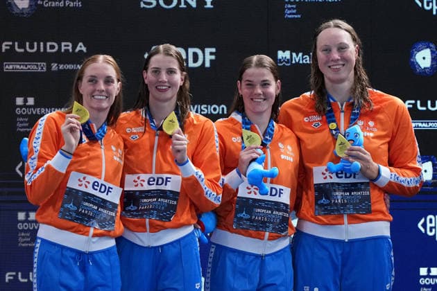 2026-08-12 2026 European Aquatics Championships PARIS, FRANCE - AUGUST 12: Milou van Wijk of the Netherlands, Imani de Jong of the Netherlands, Yara van Kalmthout of the Netherlands, Marrit Steenbergen of the Netherlands during 2026 European Aquatics Championships on August 12, 2026 in Paris, France. (Photo by Nikola Krstic BSR Agency) Paris France Content not available for redistribution in The Netherlands directly or indirectly through any third parties. Copyright: xBSRxAgencyx