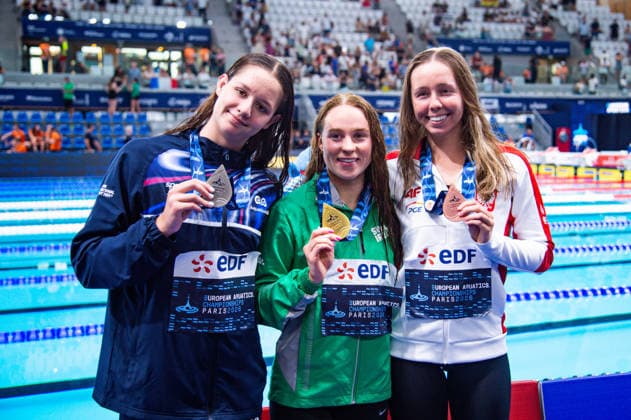 NATATION : Championnat d europe de natation 2026 - PARIS - 12 08 2026 Ellen Walshe (IRL) Amalie Smith (GBR) Justina Anna Kozan (POL) Saint DenisFrance  Copyright: xBaptistexAutissierx