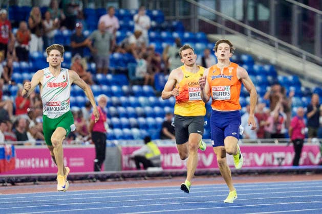 BIRMINGHAM, GREAT BRITAIN - AUGUST 12, 2026 : Jean Paul BREDAU (GER Germany) and Jonas PHIJFFERS (NED Netherlands) competing in the 400m final during the European Athletics Championships at Alexander Stadium on August 12, 2026 in Birmingham, Great Britain. Great Britain Copyright: xLeahxKohringx