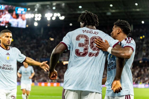 Brian Madjo celebrating his goal during the UEFA Super Cup 2026 match between Paris Saint-Germain and Aston Villa (Kazimierz Koper Ball Raw Images) Salzburg Red Bull Arena Austria Copyright: xKazimierzxKoperx KAZ_PSGvAST_207