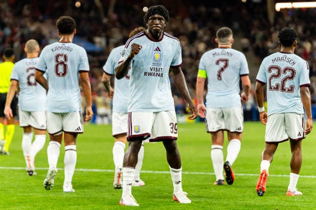 Brian Madjo celebrating his goal during the UEFA Super Cup 2026 match between Paris Saint-Germain and Aston Villa (Kazimierz Koper Ball Raw Images) Salzburg Red Bull Arena Austria Copyright: xKazimierzxKoperx KAZ_PSGvAST_219