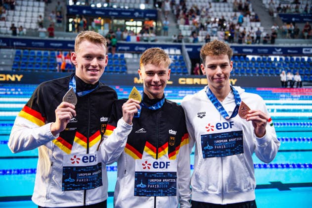 NATATION : Championnat d europe de natation 2026 - PARIS - 12 08 2026 Johannes Liebmann (GER) Sven Schwarz (GER) Zalan Sarkany (HUN) Saint DenisFrance  Copyright: xBaptistexAutissierx
