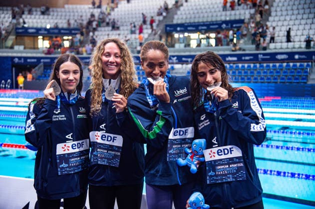 NATATION : Championnat d europe de natation 2026 - PARIS - 12 08 2026 Emma Virginia Menicucci (ITA) Sara Curtis (ITA) Chiara Tarantino (ITA) Alessandra MAO (ITA) Saint DenisFrance  Copyright: xBaptistexAutissierx