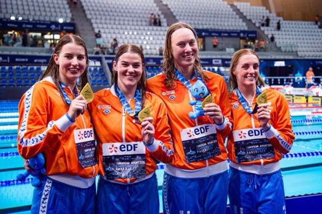 NATATION : Championnat d europe de natation 2026 - PARIS - 12 08 2026 Milou Van Wijk (NED) Imani De Jong (NED) Yara Van Kalmthout (NED) Marrit Steenbergen (NED) Saint DenisFrance  Copyright: xBaptistexAutissierx