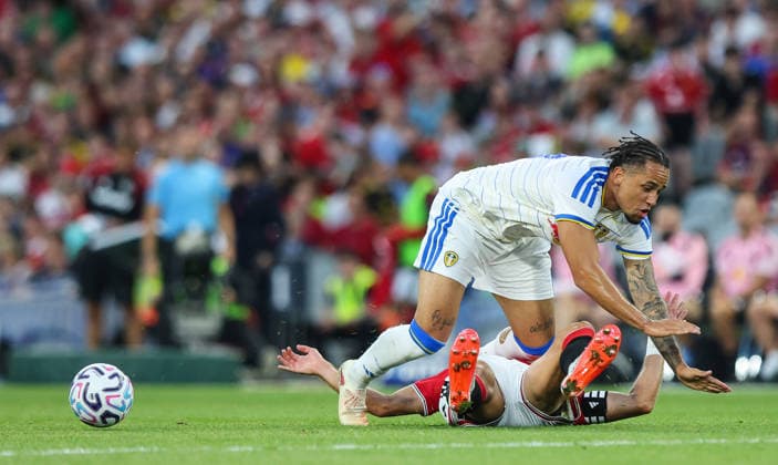 Manchester United, ManU vs Leeds United, Croke Park, Dublin 12 8 2026 Manchester United™s Diogo Dalot with Noah Okafor of Leeds Diogo Dalot with Noah Okafor 12 8 2026  Copyright: xx RB1_3958
