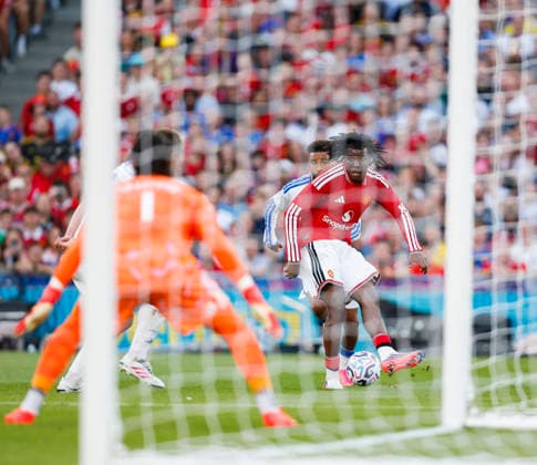 RECORD DATE NOT STATED 12th August 2026; Croke Park, Dublin, Ireland; Friendly Football, Manchester United, ManU versus Leeds United; Patrick Chinazaekpere Dorgu of Manchester United takes a shot towards goal PeterxFitzpatrick