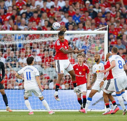 RECORD DATE NOT STATED 12th August 2026; Croke Park, Dublin, Ireland; Friendly Football, Manchester United, ManU versus Leeds United; Leny Yoro of Manchester United heads the ball in front of his own goal PeterxFitzpatrick