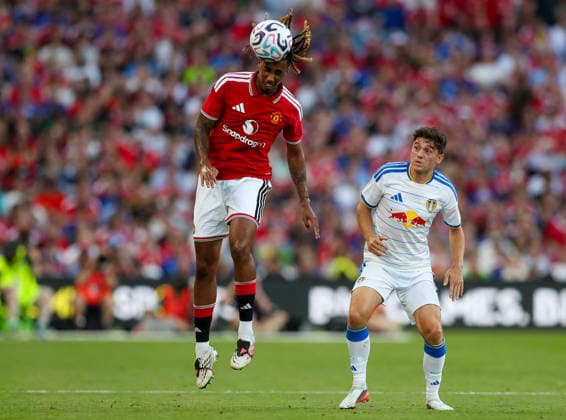 Football - 2026 2027 pre-season friendly - Manchester United, ManU vs. Leeds United - Croke Park, Dublin - Wednesday 12th August 2026 Manchester United s Leny Yoro and Leeds United s Daniel James 