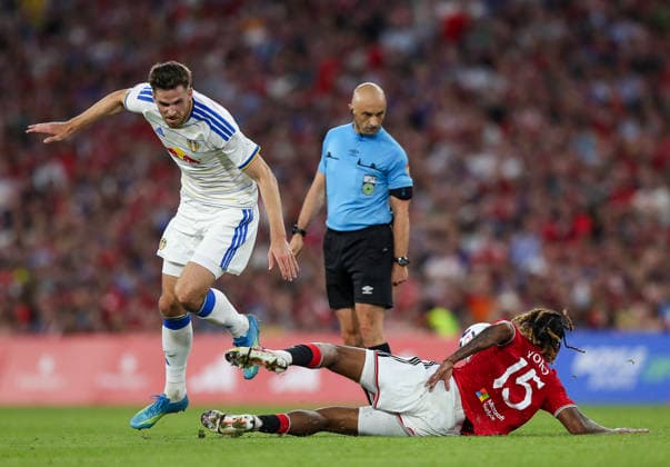 Football - 2026 2027 pre-season friendly - Manchester United, ManU vs. Leeds United - Croke Park, Dublin - Wednesday 12th August 2026 Manchester United s Leny Yoro in action against Leeds United s Anton Stach 