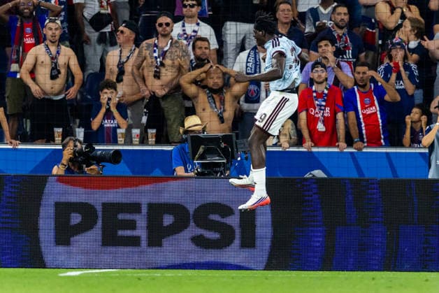 Brian Madjo celebrates his goal during the UEFA Super Cup 2026 match between Paris Saint-Germain and Aston Villa (Kazimierz Koper Ball Raw Images) Salzburg Red Bull Arena Austria Copyright: xMaciejxRogowskix ROG_PSGvAST_251