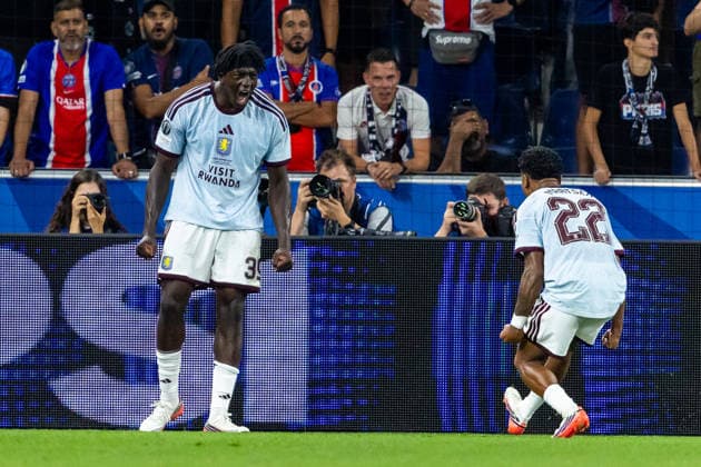 Brian Madjo Ian Maatsen celebrates his goal seen during the UEFA Super Cup 2026 match between Paris Saint-Germain and Aston Villa (Kazimierz Koper Ball Raw Images) Salzburg Red Bull Arena Austria Copyright: xMaciejxRogowskix ROG_PSGvAST_255