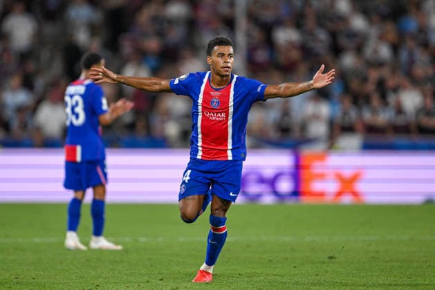 SOCCER - UEFA Super Cup, PSG vs Aston Villa SALZBURG,AUSTRIA,12.AUG.26 - SOCCER - UEFA Super Cup, Paris Saint-Germain vs Aston Villa FC. Image shows the rejoicing of Desire Doue (PSG).  GEPAxpictures xDanielxSchoenherr