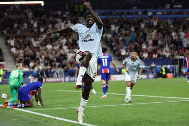 Brian Madjo of Aston Villa celebrates after scoring the goal of 1-1 during the 2026 Super Cup Final football match between Paris Saint Germain and Aston Villa at Salzburg stadium in Salzburg (Austria), August 12th, 2026. CesarexPurini