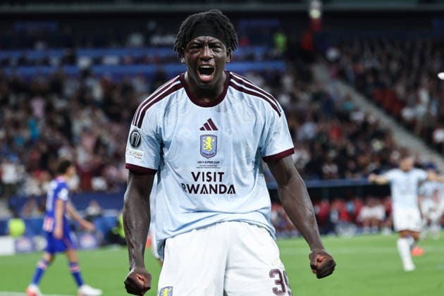 Brian Madjo of Aston Villa celebrates after scoring the goal of 1-1 during the 2026 Super Cup Final football match between Paris Saint Germain and Aston Villa at Salzburg stadium in Salzburg (Austria), August 12th, 2026. CesarexPurini