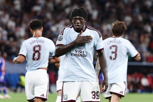 Brian Madjo of Aston Villa celebrates after scoring the goal of 1-1 during the 2026 Super Cup Final football match between Paris Saint Germain and Aston Villa at Salzburg stadium in Salzburg (Austria), August 12th, 2026. CesarexPurini