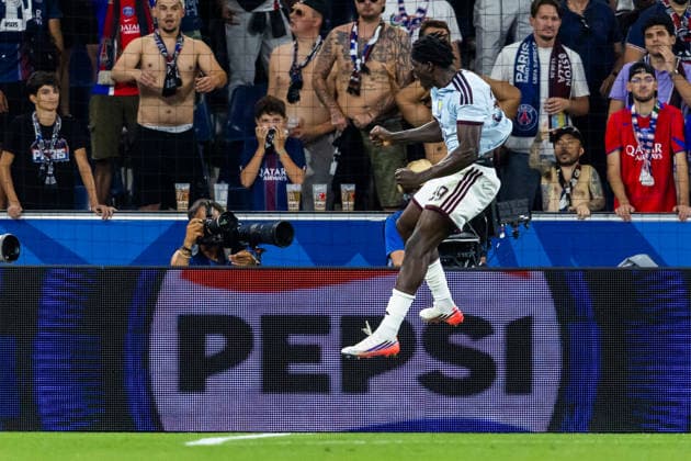 Brian Madjo celebrates his goal during the UEFA Super Cup 2026 match between Paris Saint-Germain and Aston Villa (Maciej Rogowski Ball Raw Images) Salzburg Red Bull Arena Austria Copyright: xMaciejxRogowskix maciejrogowski_PSGvAST_010