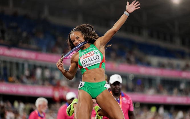 2026 European Athletics Championships, Alexander Stadium, Birmingham, England 12 8 2026 Women™s 400m Hurdles Final Portugal™s Fatoumata Binta Diallo celebrates winning a bronze medal Fatoumata Binta Diallo celebrates winning a bronze medal 12 8 2026  Copyright: xx 0S9A1923