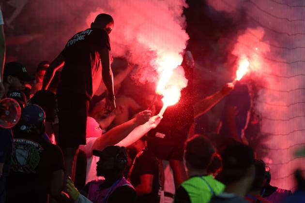 PSG supporters celebrate during the 2026 Super Cup Final football match between Paris Saint Germain and Aston Villa at Salzburg stadium in Salzburg (Austria), August 12th, 2026. CesarexPurini