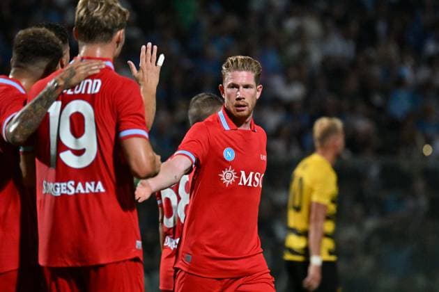 Foto IPP Felice De Martino Castel di Sangro (Aq) 12 08 2026 Calcio Partita Amichevole 2026 2027 Napoli - Aris Salonicco Nella foto: Esultanza dopo il gol di Kevin De Bruyne Italy Photo Press World Copyright Castel di Sangro italy Italia ITALY  Copyright: xR4924_italyphotopressx