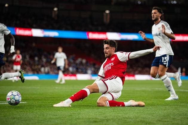 Kai Havertz of Arsenal slides for the ball in the box during the Friendly match between Arsenal and Como Arsenal v Como, Preseason Friendly, Football, Emirates Stadium, London - 12 Aug 2026London Emirates Stadium United Kingdom  Copyright: xSeanxTroup Shutterstockx 17064767bg