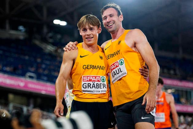 BIRMINGHAM, GREAT BRITAIN - AUGUST 12, 2026 : Niklas KAUL (GER Germany) and Amadeus GRÄBER (GER Germany) after competing in the 400m in the decathlon during the European Athletics Championships at Alexander Stadium on August 12, 2026 in Birmingham, Great Britain. Great Britain Copyright: xLeahxKohringx