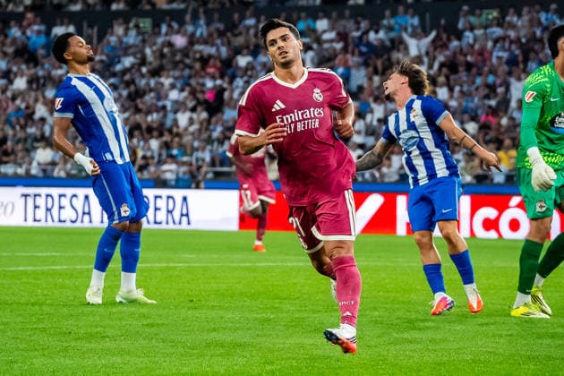 Brahim Diaz celebrates his goal during the friendly match between Deportivocla Coruna and Real Madrid friendly match (Marta Lopez Ball Raw Images) La Coruna ABANCA-RIAZOR Spain Copyright: xMartaxLopezx martalopez_PSGvAST_580
