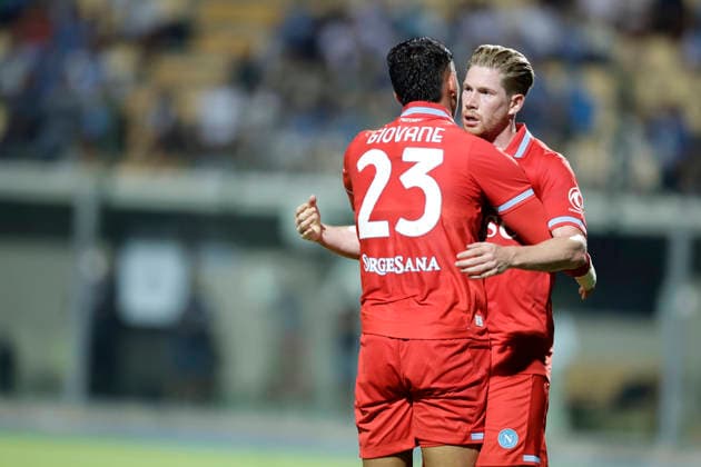 SSC Napoli preseason 2026-27 in Castel Di Sangro friendly match SSC Napoli vs Aris Salonicco Napoli s Belgian midfielder Kevin De Bruyne celebrates after scoring a goal of 6-2 during friendly match NAPOLI vs ARIS SALONICCO Napoli s 2026-27 preseason training camp in Castel Di Sangro, Abruzzo, Italy. August, 12, 2026. _BPH3101 Copyright: xAntonioxBalascox