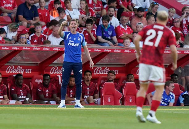 Nottingham, England, 12th August 2026. Oliver Glasner manager of Nottingham Forest during the Nottingham Forest vs Bayer Leverkusen Pre Season Friendly match at the City Ground, Nottingham. Picture credit should read: Andrew Yates Sportimage EDITORIAL USE ONLY. No use with unauthorised audio, video, data, fixture lists, club league logos or live services. Online in-match use limited to 120 images, no video emulation. No use in betting, games or single club league player publications. SPI_002_AY_NOTTS_FOREST_LEVERKUSEN SPI-4901-0003