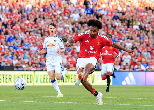 Dublin, Ireland, 12th August 2026. Joshua Zirkzee of Manchester United, ManU scores their sides first goal during the Manchester United vs Leeds United Pre Season Friendly match at Croke Park, Dublin. Picture credit should read: Cody Froggatt Sportimage EDITORIAL USE ONLY. No use with unauthorised audio, video, data, fixture lists, club league logos or live services. Online in-match use limited to 120 images, no video emulation. No use in betting, games or single club league player publications. SPI_043_CF_MANCHESTER_UNITED_V_LEEDS SPI-4900-0044