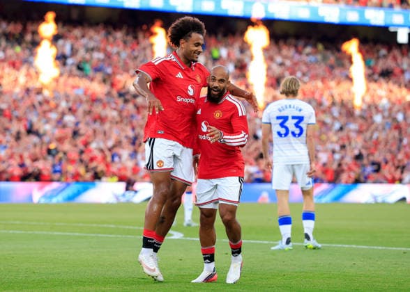 Dublin, Ireland, 12th August 2026. Joshua Zirkzee of Manchester United, ManU celebrates scoring their sides first goal during the Manchester United vs Leeds United Pre Season Friendly match at Croke Park, Dublin. Picture credit should read: Cody Froggatt Sportimage EDITORIAL USE ONLY. No use with unauthorised audio, video, data, fixture lists, club league logos or live services. Online in-match use limited to 120 images, no video emulation. No use in betting, games or single club league player publications. SPI_048_CF_MANCHESTER_UNITED_V_LEEDS SPI-4900-0048