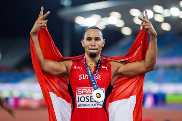 BIRMINGHAM, UNITED KINGDOM - AUGUST 12: Jason Joseph of Switzerland wins the Gold Medal in the Men s 110m Hurdles during the European Athletics Championships at Alexander Stadium on August 12, 2026 in Birmingham, United Kingdom. England United Kingdom Copyright: xBEAUTIFULxSPORTS TobiasxLacknerx