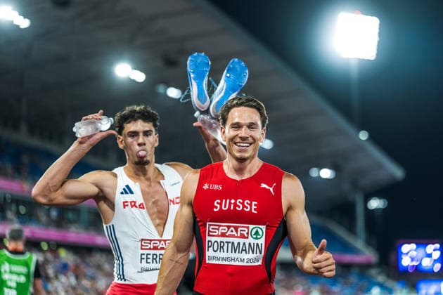 European Athletics Championships; Birmingham, 12.08.2026 BIRMINGHAM, UNITED KINGDOM - AUGUST 12: Nino Portmann (Switzerland) and Antoine Ferranti (FRA - France) pose after the 400 m in the mens decathon on August 12, 2026 in Birmingham, United Kingdom. *** European Athletics Championships, Birmingham, August 12, 2026 BIRMINGHAM, UNITED KINGDOM AUGUST 12 Nino Portmann of Switzerland and Antoine Ferranti of France pose after the 400-meter race in the men s decathlon on August 12, 2026, in Birmingham, United Kingdom Copyright: xBEAUTIFULxSPORTS UlfxSchillerx