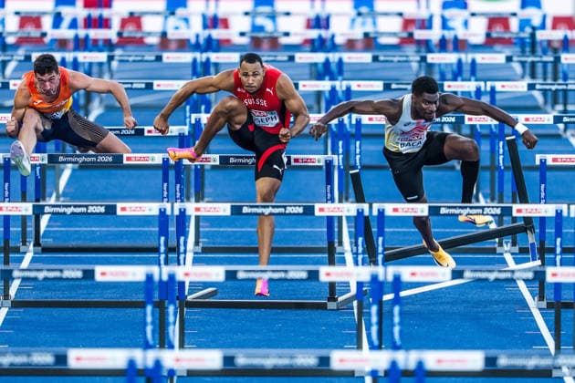 European Athletics Championships; Birmingham, 12.08.2026 BIRMINGHAM, UNITED KINGDOM - AUGUST 12: Enrique Llopis (ESP - Spain), left, and Jason Joseph (Switzerland), center, compete in the semi final of the mens 110 m hurdles while Elie Bacari (BEL - Belgium) crashes on August 12, 2026 in Birmingham, United Kingdom. *** European Athletics Championships, Birmingham, August 12, 2026 BIRMINGHAM, UNITED KINGDOM AUGUST 12 Enrique Llopis (ESP, Spain), left, and Jason Joseph (Switzerland), center, compete in the semifinals of the men’s 110-meter hurdles while Elie Bacari (BEL, Belgium) falls on August 12, 2026, in Birmingham, United Kingdom Copyright: xBEAUTIFULxSPORTS UlfxSchillerx