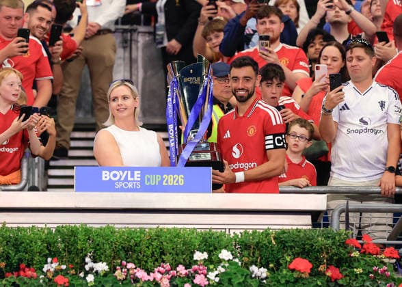 Dublin, Ireland, 12th August 2026. Bruno Fernandes of Manchester United, ManU lifts the BOYLE Sports Cup trophy following the Manchester United vs Leeds United Pre Season Friendly match at Croke Park, Dublin. Picture credit should read: Cody Froggatt Sportimage EDITORIAL USE ONLY. No use with unauthorised audio, video, data, fixture lists, club league logos or live services. Online in-match use limited to 120 images, no video emulation. No use in betting, games or single club league player publications. SPI_093_CF_MANCHESTER_UNITED_V_LEEDS SPI-4900-0062