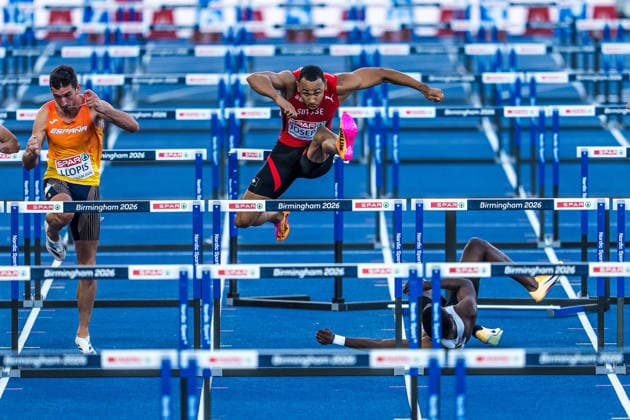 European Athletics Championships; Birmingham, 12.08.2026 BIRMINGHAM, UNITED KINGDOM - AUGUST 12: Enrique Llopis (ESP - Spain), left, and Jason Joseph (Switzerland), center, compete in the semi final of the mens 110 m hurdles while Elie Bacari (BEL - Belgium) crashes on August 12, 2026 in Birmingham, United Kingdom. *** European Athletics Championships, Birmingham, August 12, 2026 BIRMINGHAM, UNITED KINGDOM AUGUST 12 Enrique Llopis (ESP, Spain), left, and Jason Joseph (Switzerland), center, compete in the semifinals of the men’s 110-meter hurdles while Elie Bacari (BEL, Belgium) falls on August 12, 2026, in Birmingham, United Kingdom Copyright: xBEAUTIFULxSPORTS UlfxSchillerx