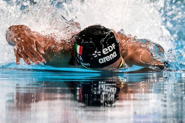 Carlos D Ambrosio of Italy competes in the swimming 100m Freestyle Men Final during the European Aquatics Championships at the Olympic Aquatic Center in Paris (France), August 12, 2026. Giorgio Scala DBM - Deepbluemedia Insidefoto