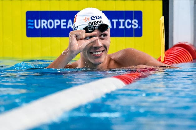 David Popovici of Romania reacts after winning the gold medal in the swimming 100m Freestyle Men Final during the European Aquatics Championships at the Olympic Aquatic Center in Paris (France), August 12, 2026. Giorgio Scala DBM - Deepbluemedia Insidefoto