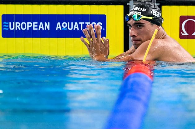 Carlos D Ambrosio of Italy reacts after competing in the swimming 100m Freestyle Men Final during the European Aquatics Championships at the Olympic Aquatic Center in Paris (France), August 12, 2026. Giorgio Scala DBM - Deepbluemedia Insidefoto